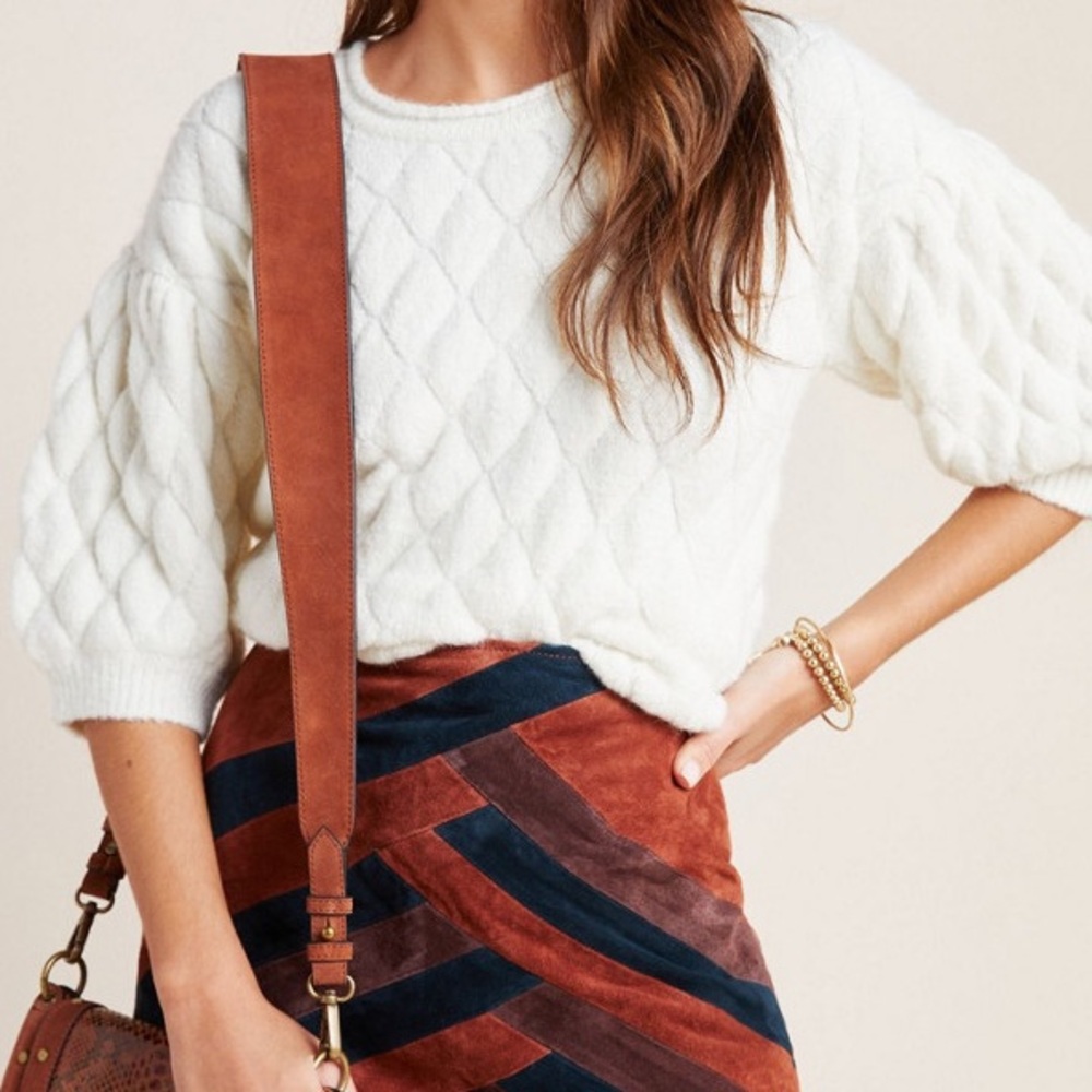 Anthropologie Bonnie Quilted Eyelash Sweater wool and alpaca blend Puff Sleeves